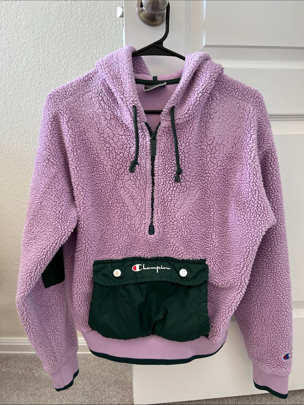 Champion Lavender Sherpa Hoodie with Dark Green Front Pocket